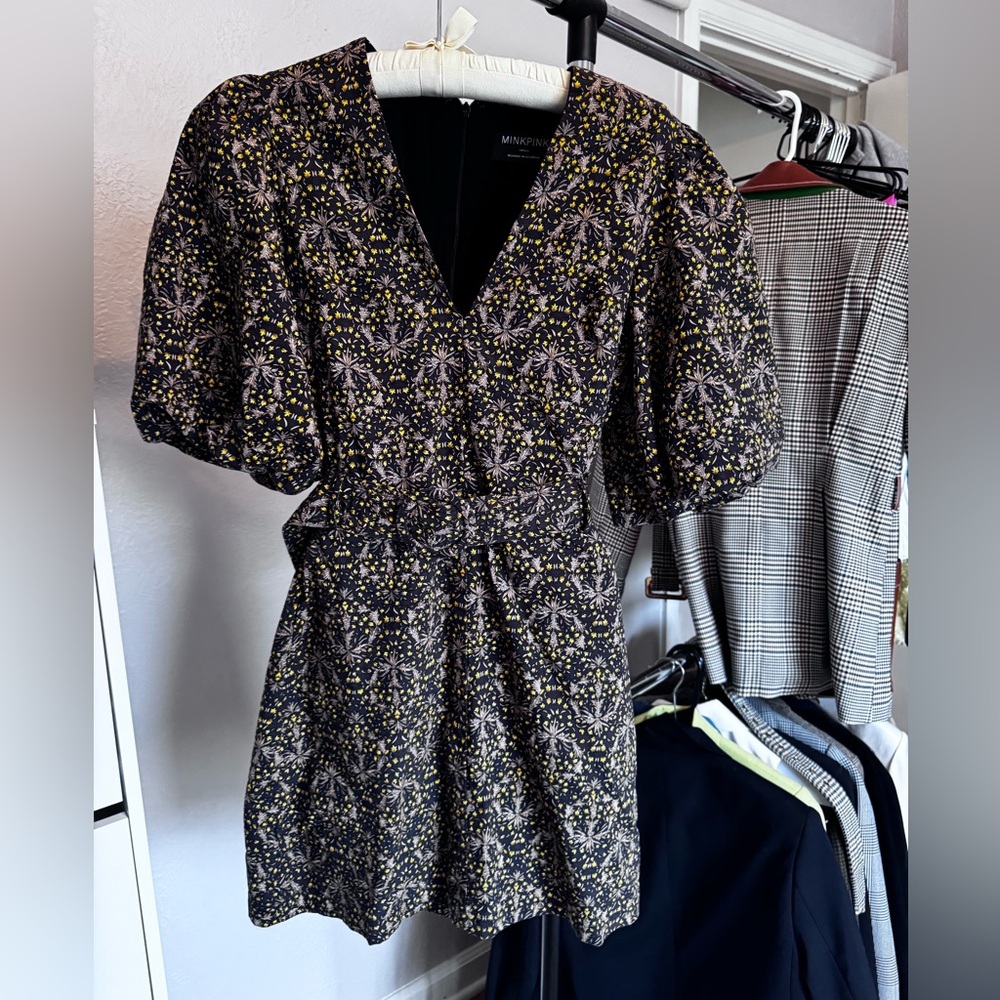 MINKPINK Black and Yellow Patterned Ballon  Sleeve Dress